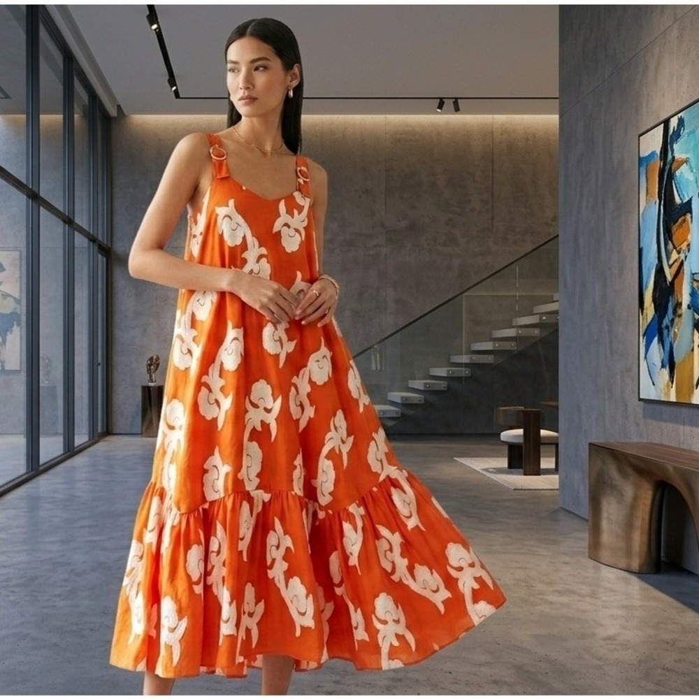 Exquise Orange White Floral Embroidered Ring Strap Tiered Maxi Dress Sz L